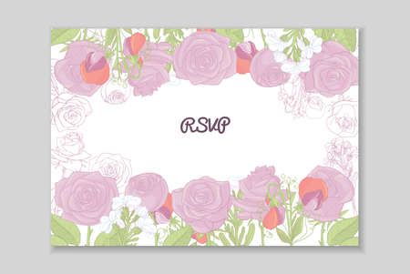 Greeting card template with hand drawn rose, peony arrangement. Floral frame design. Vector illustration.のイラスト素材
