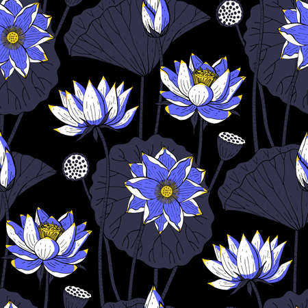 Seamless floral pattern with blue lotus flowers on black background. Stock vector illustration.のイラスト素材