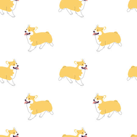 Repeat seamless pattern with flat style cute welsh corgi dogs on white background. Stock vectorのイラスト素材