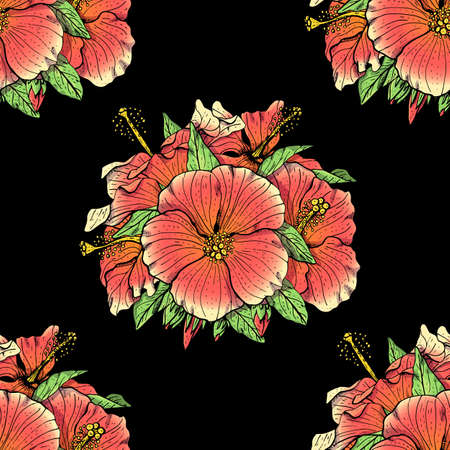 Colorful floral seamless pattern with hand drawn red hibiscus flowers on black background. Stock vectorのイラスト素材