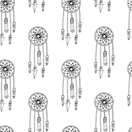 Monochrome seamless pattern with hand drawn dreamcatchers on white background. Vector illustration.のイラスト素材