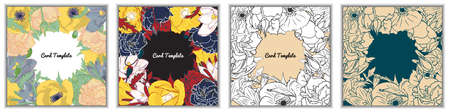 Square card template with hand drawn colorful crocus flowers frame. Vector