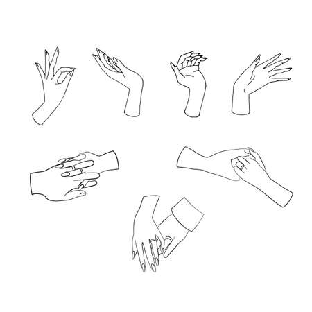 Elegant hand drawn line art hands gestures clipart set. Couple holding hands with wedding rings. Isolated on white background. Stock vector illustration.のイラスト素材
