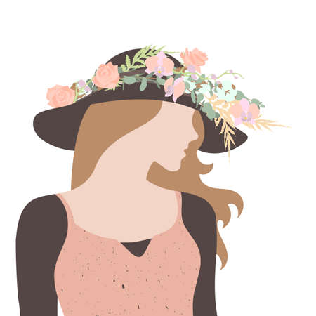 Portrait of elegant hand drawn girl silhuette with floral decorated pastel boho hat. Isolated on white background. Stock vector illustration.のイラスト素材