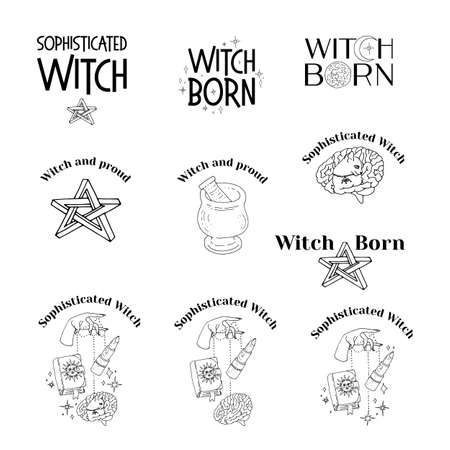 Set of line art witchcraft and magic items and scenes. Witchy mystical clipart.のイラスト素材