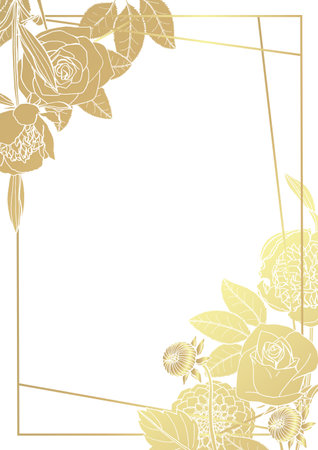 Rectangular golden line frame card with hand drawn rose and peony arrangement. Greeting card template. Vectorのイラスト素材