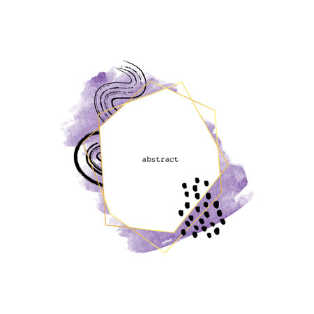 Hand drawn abstract polygonal golden frame. Minimal geometric card with violet paint wash. Abstraction banner or poster with brush strokes and shapesのイラスト素材