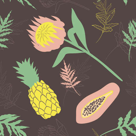 Seamless pattern with tropical flowers, leaves and fruits.のイラスト素材