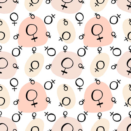 Seamless pattern with doodle style black ink planet venus sign and geometric shapes in pink neutral colorsのイラスト素材