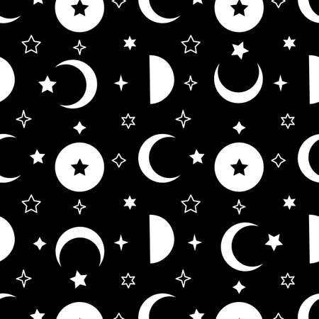 Monochrome seamless pattern with white moon and stars on black backgroundのイラスト素材