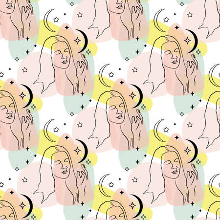 Seamless pattern with single line drawing of woman portrait with moon and stars with abstract geometric neutral shapesのイラスト素材