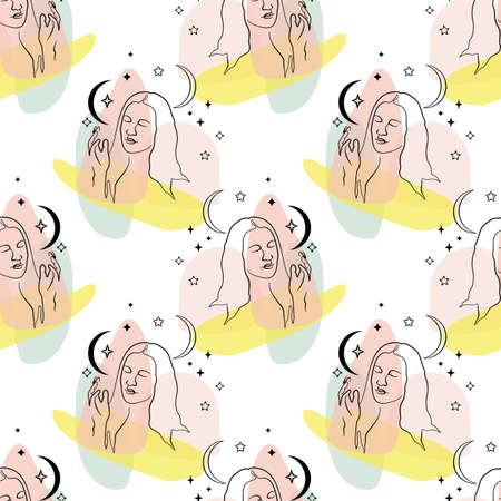 Seamless pattern with single line drawing of woman portrait with moon and stars with abstract geometric neutral shapesのイラスト素材