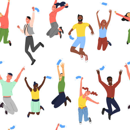 Seamless pattern with crowd of young happy smiling multinational diverse people in jumping poses throwing up face masksのイラスト素材