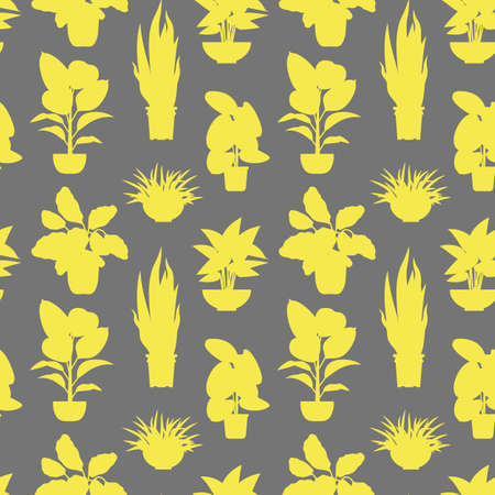 Seamless pattern with yellow potted tropical house plants silhouettesのイラスト素材