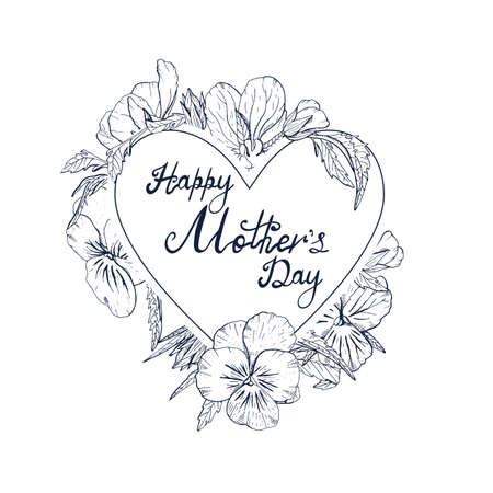Monochrome Hand lettering text Happy Mothers day decorated with line art vintage pansy flowersのイラスト素材