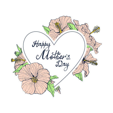 Hand lettering text Happy Mothers day decorated with line art vintage hibiscus flowersのイラスト素材