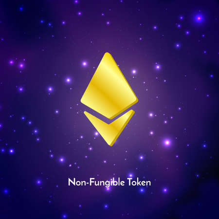 Ethereum golden sign on futuristic neon purple background, text NFT non fungible token,...