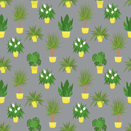 Seamless pattern with potted tropical house plants in yellow flower pots. On a gray backgroundのイラスト素材