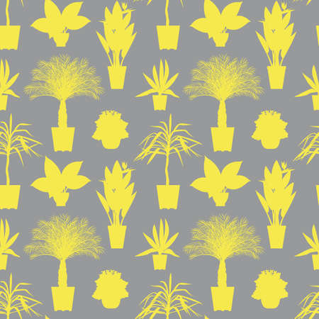 Seamless pattern with white potted tropical house plants silhouettesのイラスト素材