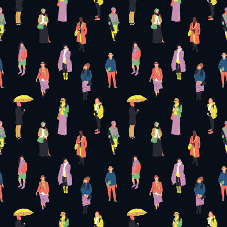 Colorful seamless pattern with silhouettes of many walking and standing people in warm clothes.のイラスト素材