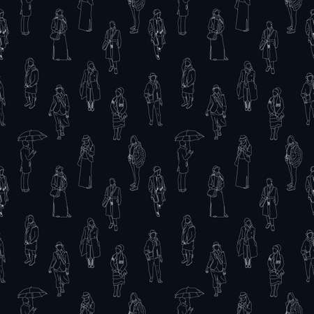 Black and white monochrome seamless pattern with many walking and standing people in warm clothes. Line artのイラスト素材