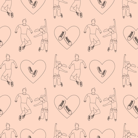 Seamless pattern with line art silhouettes of young happy couple in jumping poses with heartsのイラスト素材