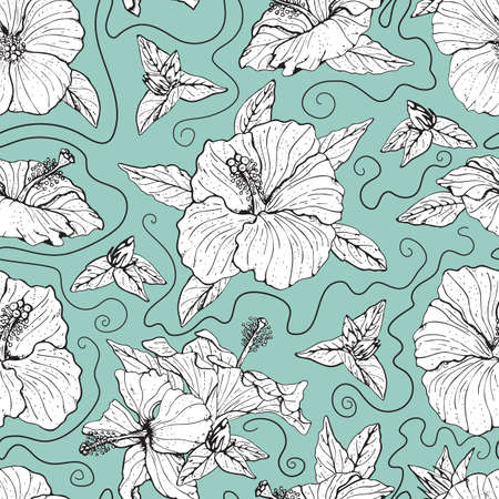 Seamless pattern with line art monochrome hibiscus flowers, buds and leaves, with black outline. On...