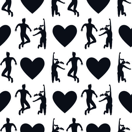 Seamless pattern with silhouettes of young happy couple in jumping poses with hearts.のイラスト素材