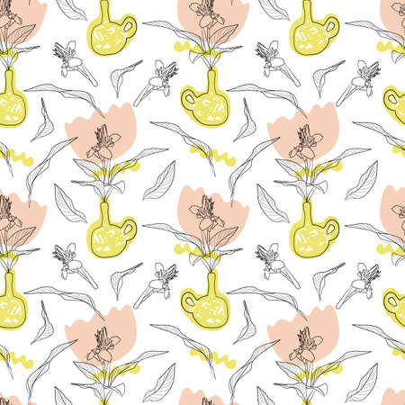 Seamless pattern with line art potted house plant canna lily and abstract shapesのイラスト素材