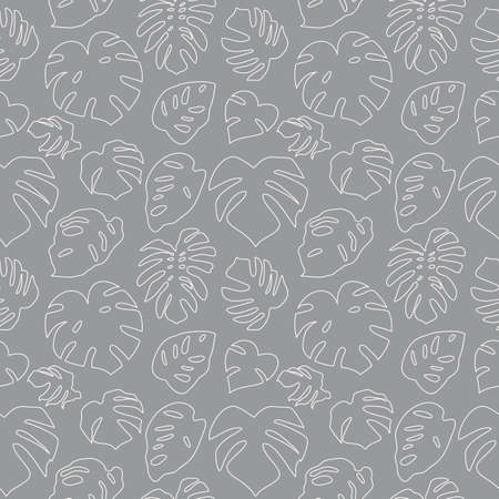 Seamless simple monochrome pattern with white outline monstera leaves on gray backgroundのイラスト素材