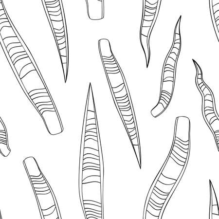 Tropical snake plant leaves black outline drawing seamless pattern. White background.のイラスト素材