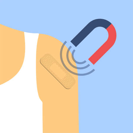 Sticking plaster on a human shoulder and magnet with magnetic field.のイラスト素材