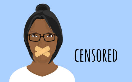 Young person with mouth sealed with crossed sticking plasters. Censorship concept.のイラスト素材