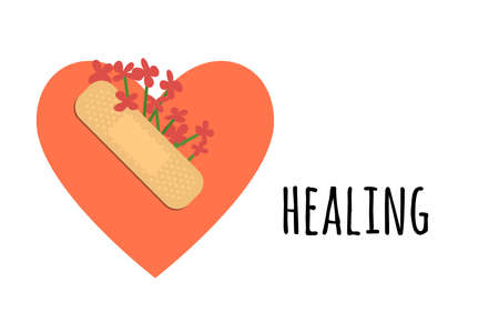 Sticking plaster and red flowers on red heart silhouette. Medical patch isolated on white background.のイラスト素材