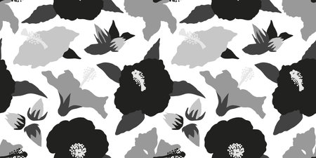 Monochrome gray scale Seamless pattern with modern minimalist hibiscus flowers, buds and leaves. On white background.のイラスト素材