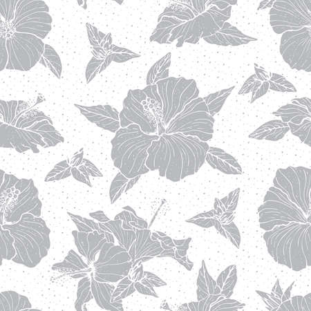 Seamless pattern with line art blue and yellow hibiscus flowers, buds and leaves, with white outline.のイラスト素材