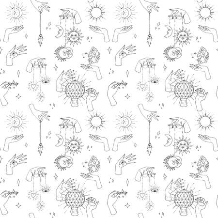 Seamless pattern with hand drawn doodle line art female witch hands holding sun and moon. Spiritual mystic repeat texture.のイラスト素材