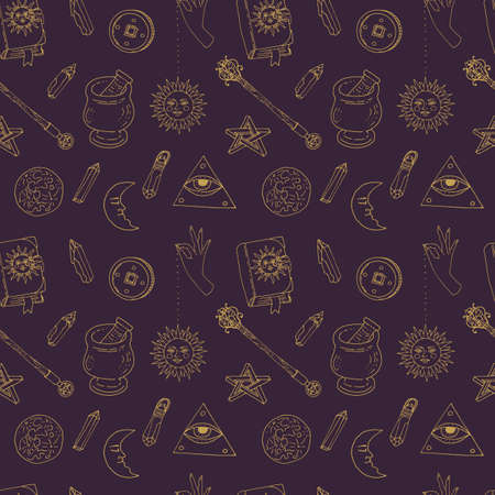 Seamless pattern with hand drawn doodle line art celestial bodies and magic items. Spiritual mystic repeat texture.のイラスト素材