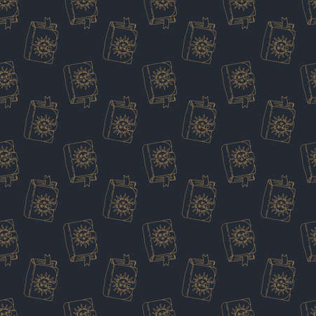Seamless pattern with hand drawn grimoires with sun on cover. Vintage witch or magic spell books...