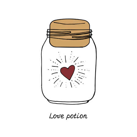 Line art illustration of hand drawn heart in mason jar. Lettering text love potion.のイラスト素材