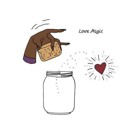 Line art illustration of hand mason jar. Lettering text love magic. Witch hand is releasing heart out of jar.のイラスト素材