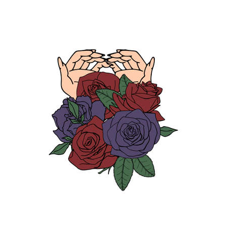 Line art illustration of hand drawn female hand holding rose flowers bouquet.のイラスト素材