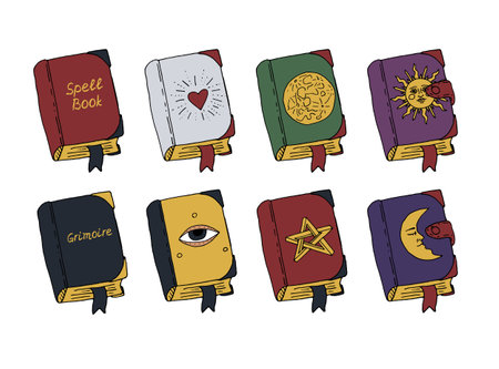 Line art illustration of hand drawn magic books. Spell books set.