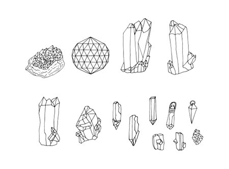 Line art illustration of hand drawn gemstones and crystals setのイラスト素材