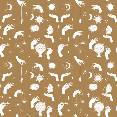 Seamless pattern with hand drawn doodle line art female witch hands holding sun and moon. Spiritual...