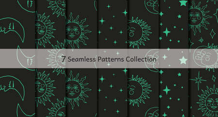 Monochrome seamless patterns set with black ink hand drawn sun, moon and stars on black background.のイラスト素材