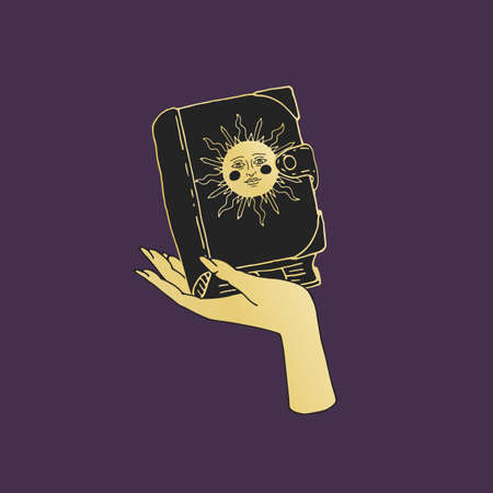 Vintage Gold and Black Mystic Spell Book with sun on cover in female handのイラスト素材