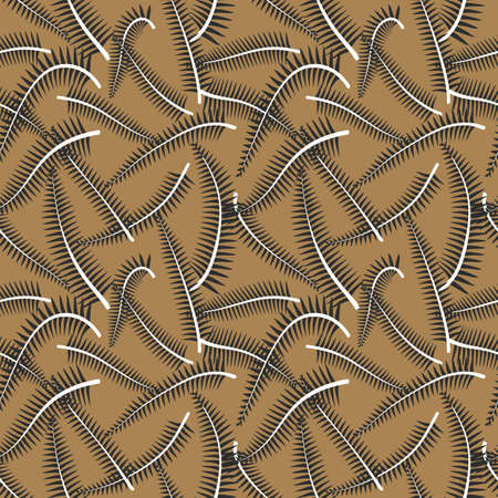 Simple minimal white fern leaves tropical seamless pattern. Vintage brown background.のイラスト素材