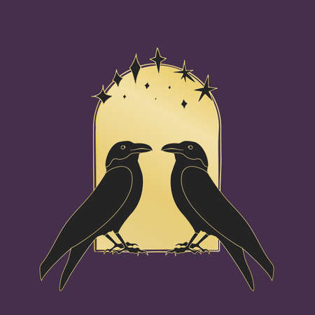Vintage Gold and Black Mystic Crows and stars inside arch.のイラスト素材