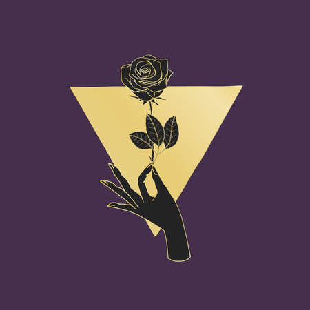 Vintage Mystic Hand holding rose flower drawing on triangle shape.のイラスト素材